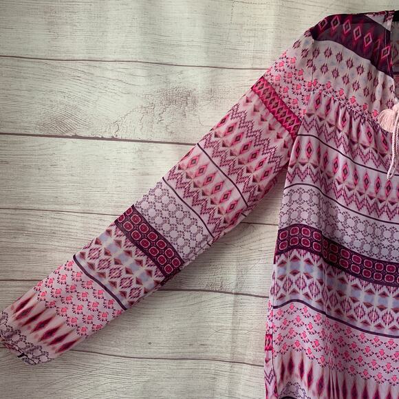 Decree Pink Sheer Geometric Pattern Blouse Swim Cover Up Tie Neck Size M - Picture 5 of 16